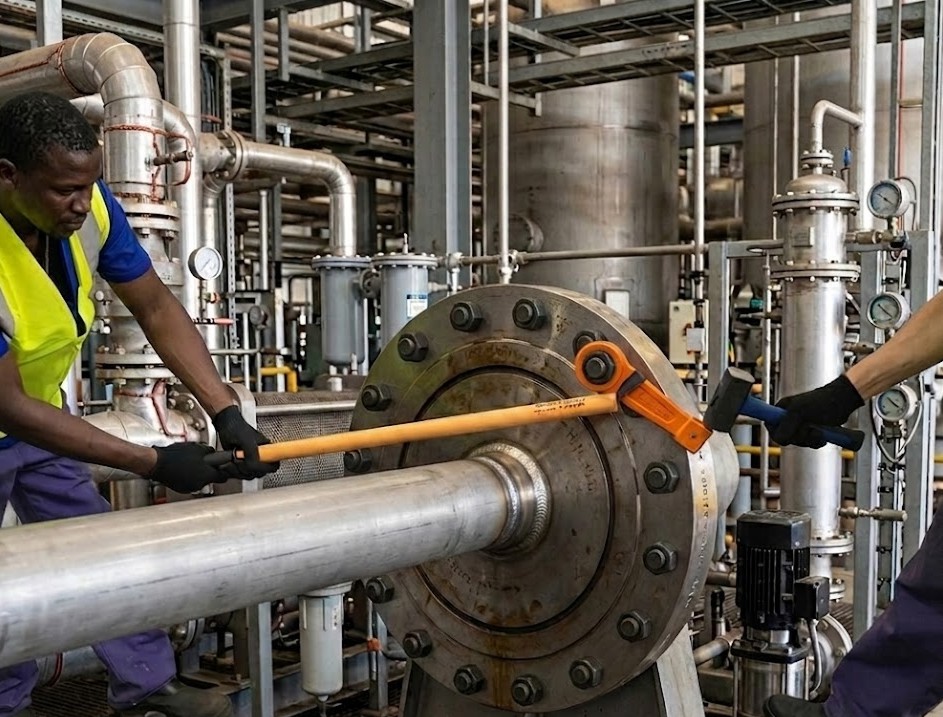 Illustrative image of an extender supporting a wrench on an industrial flange